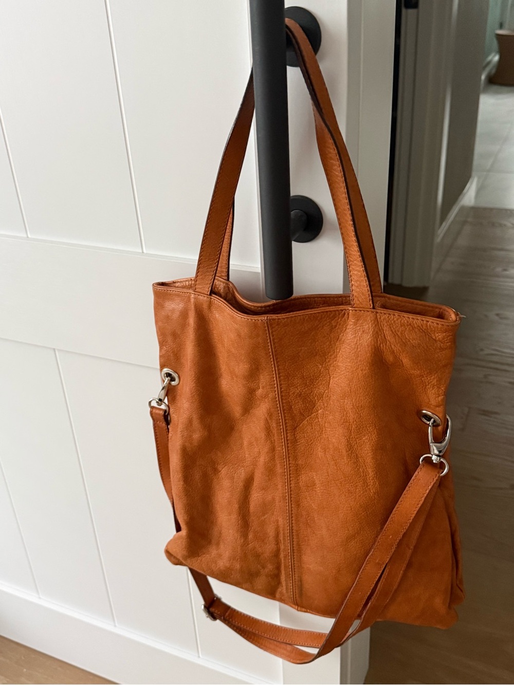 Classic Leather Crossbody Tote in Cognac Brown